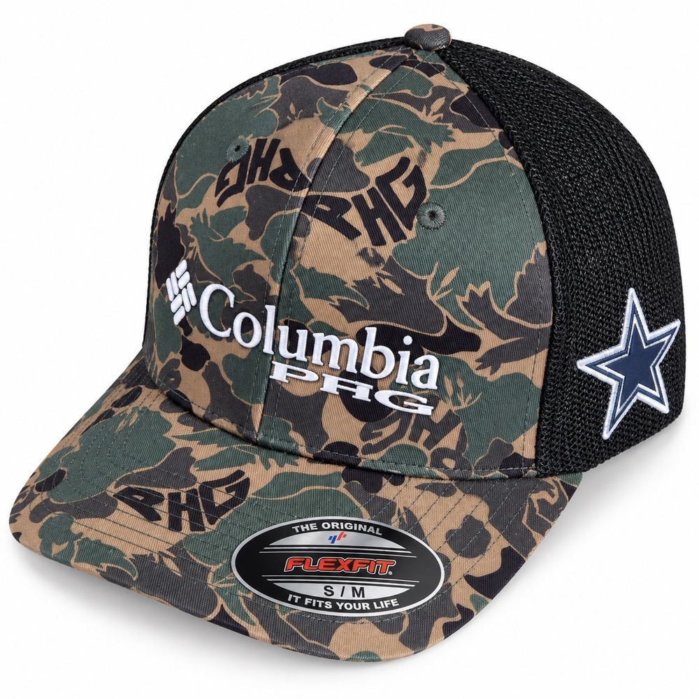 NEW Columbia PHG Dallas Cowboys Camo Mesh Back Flexfit Hat S/M Mossy Oak NFL